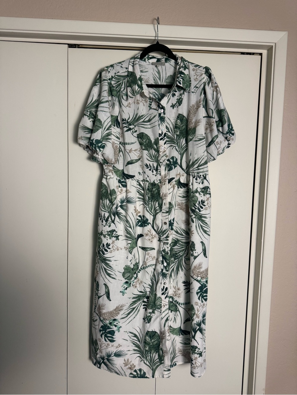 Chenault White Midi Dress with Green Tropical Print